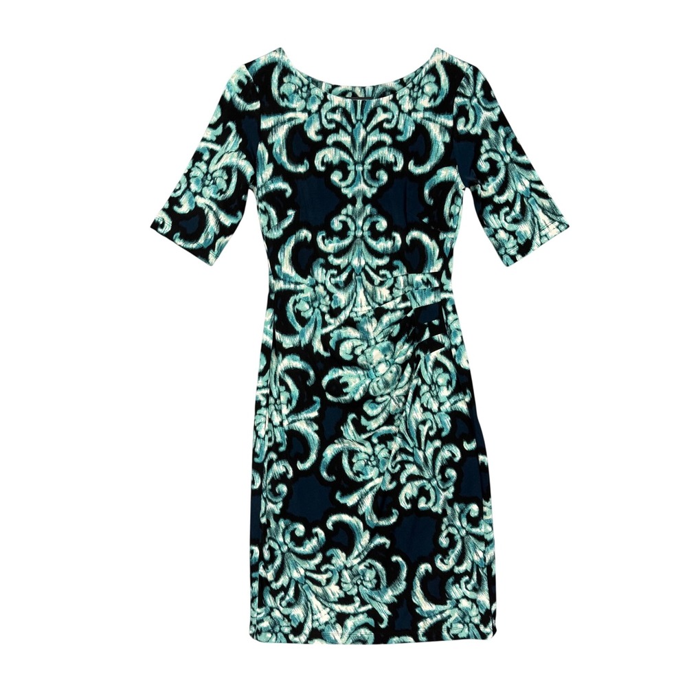 Connected Apparel Sheath Dress Womens 4 Teal Navy‎ Damask Ruched Elbow Sleeve